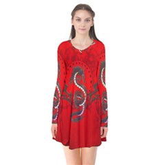 Chinese Dragon On Vintage Background Long Sleeve V-neck Flare Dress by FantasyWorld7