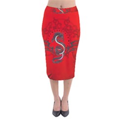 Chinese Dragon On Vintage Background Velvet Midi Pencil Skirt by FantasyWorld7