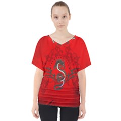 Chinese Dragon On Vintage Background V-neck Dolman Drape Top by FantasyWorld7