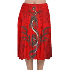 Chinese Dragon On Vintage Background Velvet Flared Midi Skirt by FantasyWorld7