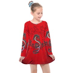 Chinese Dragon On Vintage Background Kids  Long Sleeve Dress by FantasyWorld7