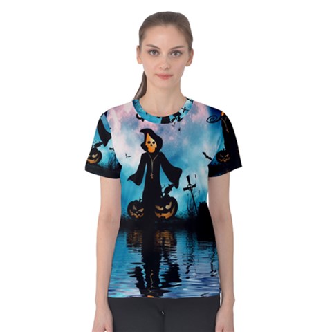 Funny Halloween Design With Skeleton, Pumpkin And Owl Women s Cotton Tee by FantasyWorld7