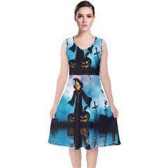 Funny Halloween Design With Skeleton, Pumpkin And Owl V-neck Midi Sleeveless Dress  by FantasyWorld7