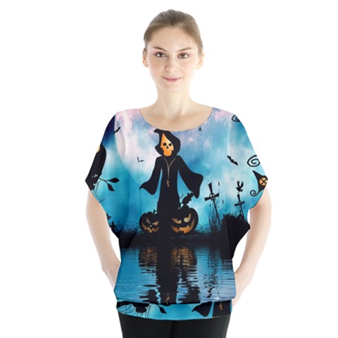 Funny Halloween Design With Skeleton, Pumpkin And Owl Batwing Chiffon Blouse by FantasyWorld7