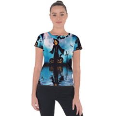 Funny Halloween Design With Skeleton, Pumpkin And Owl Short Sleeve Sports Top  by FantasyWorld7