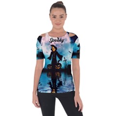 Funny Halloween Design With Skeleton, Pumpkin And Owl Shoulder Cut Out Short Sleeve Top by FantasyWorld7