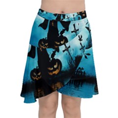 Funny Halloween Design With Skeleton, Pumpkin And Owl Chiffon Wrap Front Skirt by FantasyWorld7