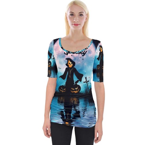 Funny Halloween Design With Skeleton, Pumpkin And Owl Wide Neckline Tee by FantasyWorld7