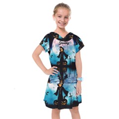 Funny Halloween Design With Skeleton, Pumpkin And Owl Kids  Drop Waist Dress by FantasyWorld7