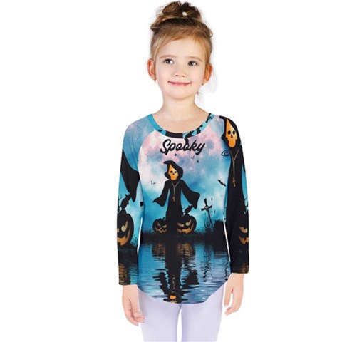 Funny Halloween Design With Skeleton, Pumpkin And Owl Kids  Long Sleeve Tee by FantasyWorld7