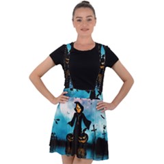 Funny Halloween Design With Skeleton, Pumpkin And Owl Velvet Suspender Skater Skirt