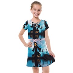 Funny Halloween Design With Skeleton, Pumpkin And Owl Kids  Cross Web Dress by FantasyWorld7