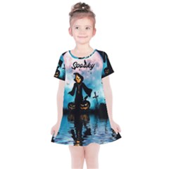 Funny Halloween Design With Skeleton, Pumpkin And Owl Kids  Simple Cotton Dress by FantasyWorld7