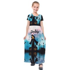 Funny Halloween Design With Skeleton, Pumpkin And Owl Kids  Short Sleeve Maxi Dress by FantasyWorld7