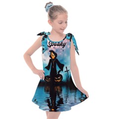 Funny Halloween Design With Skeleton, Pumpkin And Owl Kids  Tie Up Tunic Dress by FantasyWorld7