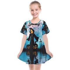 Funny Halloween Design With Skeleton, Pumpkin And Owl Kids  Smock Dress by FantasyWorld7