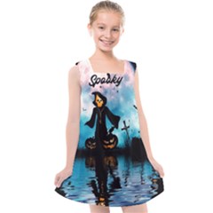 Funny Halloween Design With Skeleton, Pumpkin And Owl Kids  Cross Back Dress by FantasyWorld7