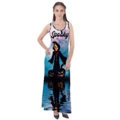 Funny Halloween Design With Skeleton, Pumpkin And Owl Sleeveless Velour Maxi Dress by FantasyWorld7