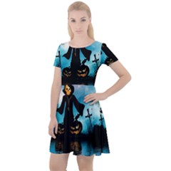 Funny Halloween Design With Skeleton, Pumpkin And Owl Cap Sleeve Velour Dress  by FantasyWorld7