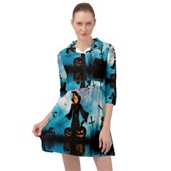 Funny Halloween Design With Skeleton, Pumpkin And Owl Mini Skater Shirt Dress