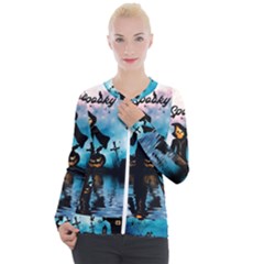 Funny Halloween Design With Skeleton, Pumpkin And Owl Casual Zip Up Jacket by FantasyWorld7