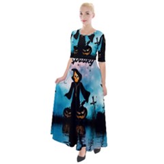 Funny Halloween Design With Skeleton, Pumpkin And Owl Half Sleeves Maxi Dress by FantasyWorld7