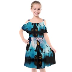 Funny Halloween Design With Skeleton, Pumpkin And Owl Kids  Cut Out Shoulders Chiffon Dress by FantasyWorld7