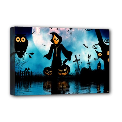 Funny Halloween Design With Skeleton, Pumpkin And Owl Deluxe Canvas 18  X 12  (stretched) by FantasyWorld7