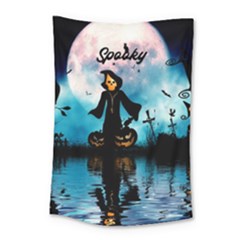 Funny Halloween Design With Skeleton, Pumpkin And Owl Small Tapestry by FantasyWorld7