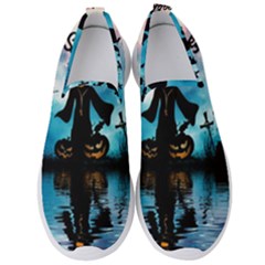 Funny Halloween Design With Skeleton, Pumpkin And Owl Men s Slip On Sneakers by FantasyWorld7