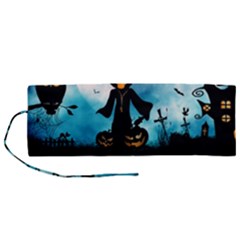 Funny Halloween Design With Skeleton, Pumpkin And Owl Roll Up Canvas Pencil Holder (m) by FantasyWorld7