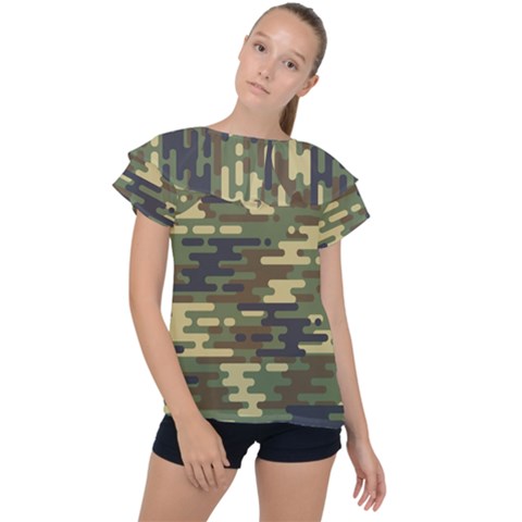 Curve Shape Seamless Camouflage Pattern Ruffle Collar Chiffon Blouse by Vaneshart