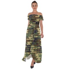 Curve Shape Seamless Camouflage Pattern Off Shoulder Open Front Chiffon Dress by Vaneshart