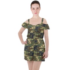 Curve Shape Seamless Camouflage Pattern Ruffle Cut Out Chiffon Playsuit by Vaneshart