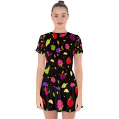 Vector Seamless Summer Fruits Pattern Colorful Cartoon Background Drop Hem Mini Chiffon Dress by Vaneshart