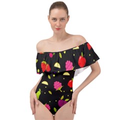 Vector Seamless Summer Fruits Pattern Colorful Cartoon Background Off Shoulder Velour Bodysuit 