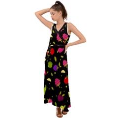 Vector Seamless Summer Fruits Pattern Colorful Cartoon Background V-neck Chiffon Maxi Dress