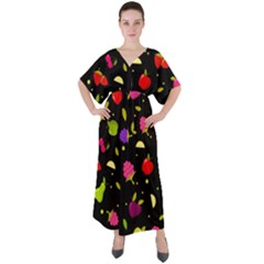 Vector Seamless Summer Fruits Pattern Colorful Cartoon Background V-neck Boho Style Maxi Dress