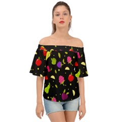 Vector Seamless Summer Fruits Pattern Colorful Cartoon Background Off Shoulder Short Sleeve Top by Vaneshart