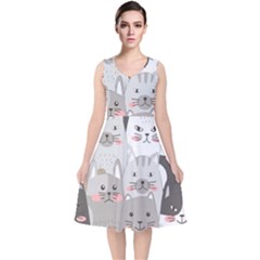 Hand Draw Cats Seamless Pattern V-neck Midi Sleeveless Dress  by Vaneshart