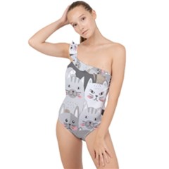 Hand Draw Cats Seamless Pattern Frilly One Shoulder Swimsuit by Vaneshart