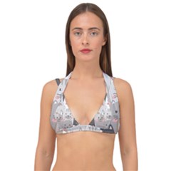 Hand Draw Cats Seamless Pattern Double Strap Halter Bikini Top