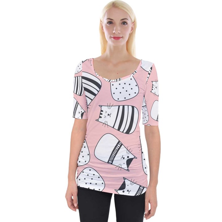 Cute Cats Cartoon Seamless Pattern Wide Neckline Tee