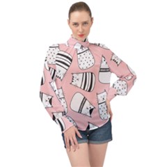 Cute Cats Cartoon Seamless Pattern High Neck Long Sleeve Chiffon Top