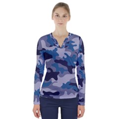 Military Seamless Pattern V-neck Long Sleeve Top by Vaneshart