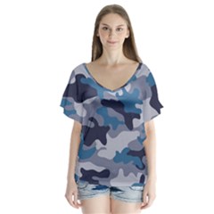 Military Seamless Pattern V-neck Flutter Sleeve Top by Vaneshart