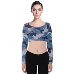 Military Seamless Pattern Velvet Long Sleeve Crop Top by Vaneshart