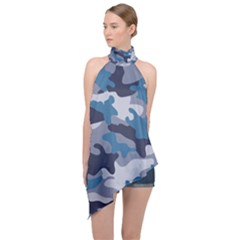 Military Seamless Pattern Halter Asymmetric Satin Top by Vaneshart