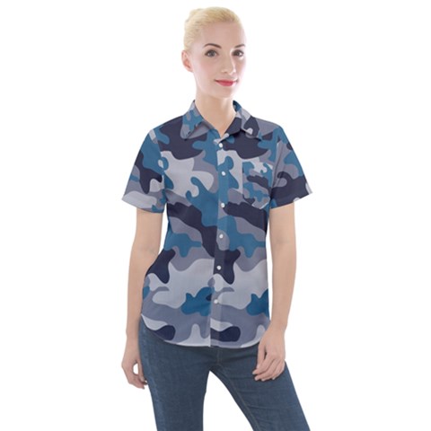 Military Seamless Pattern Women s Short Sleeve Pocket Shirt by Vaneshart