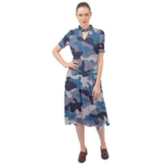 Military Seamless Pattern Keyhole Neckline Chiffon Dress